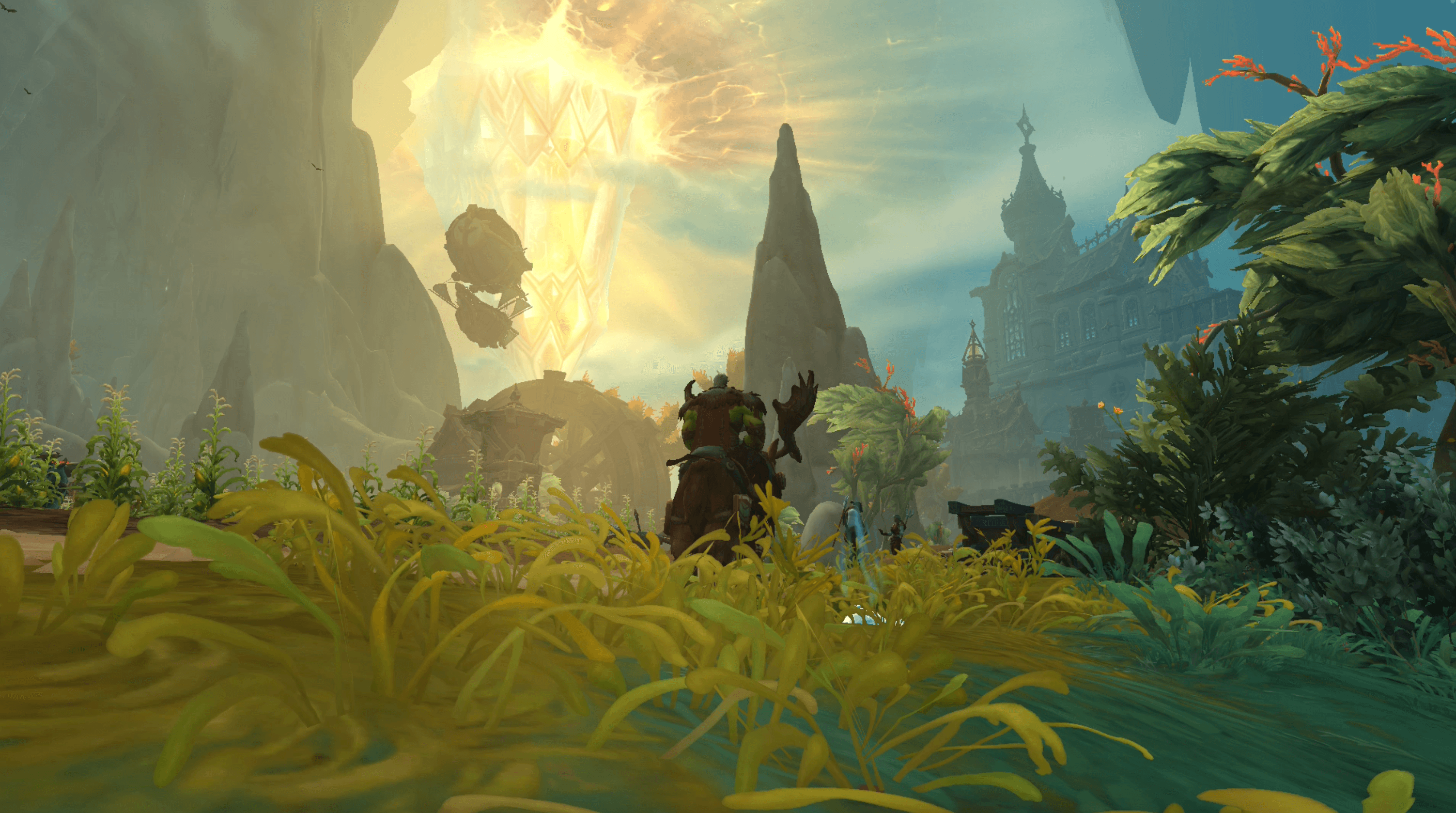 Screenshot of World of Warcraft. In it, an Orc mounted on a moose stands still in a grassfield. In the background, a giant crystal emanating light, coming out of the sky. The marks around the crystal makes it apparent that the sky is actually the top of a giant cave. Passing between the Orc and the crystal is an airship and some birds. To the right, the silhouette of a cathedral points to the crystal.