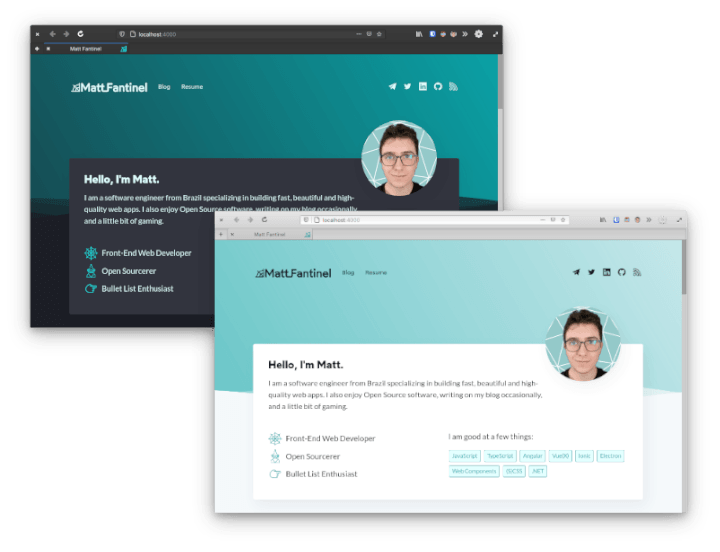 Screenshot of the second version of my website, in light and dark themes. There is a green background with a "wavy" effect behind a big card with my picture and information about me.