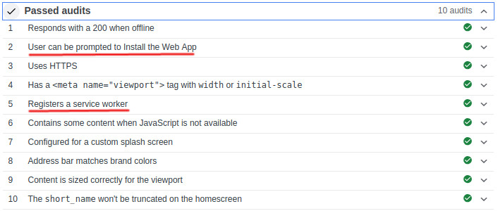 Screenshot of a list of passed audits, with two highlighted: "User can be prompted to install the Web App" and "Registers a service worker"