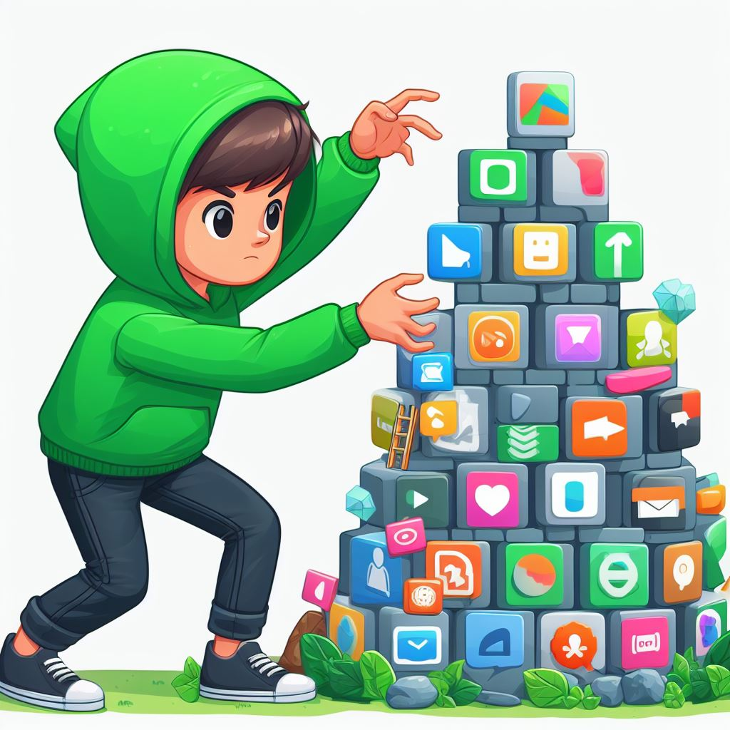 AI-generated image of a boy building a tower of apps