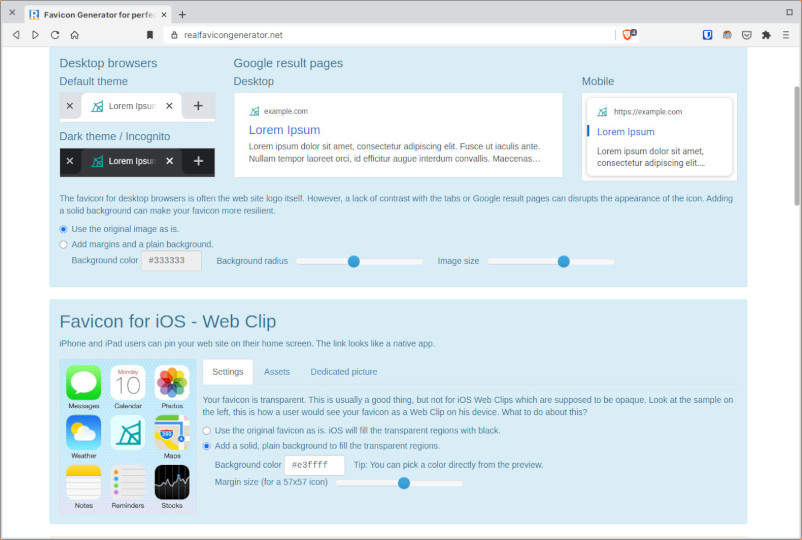 Screenshot of Real Favicon Generator's customization