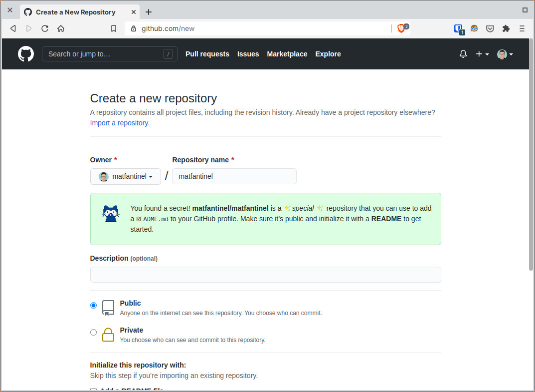 Screenshot of GitHub repository creation