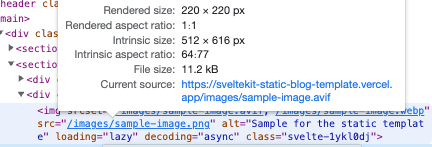 Screenshot of the generated HTML code. Hovering over the PNG filename reveals that an AVIF file is being downloaded instead.