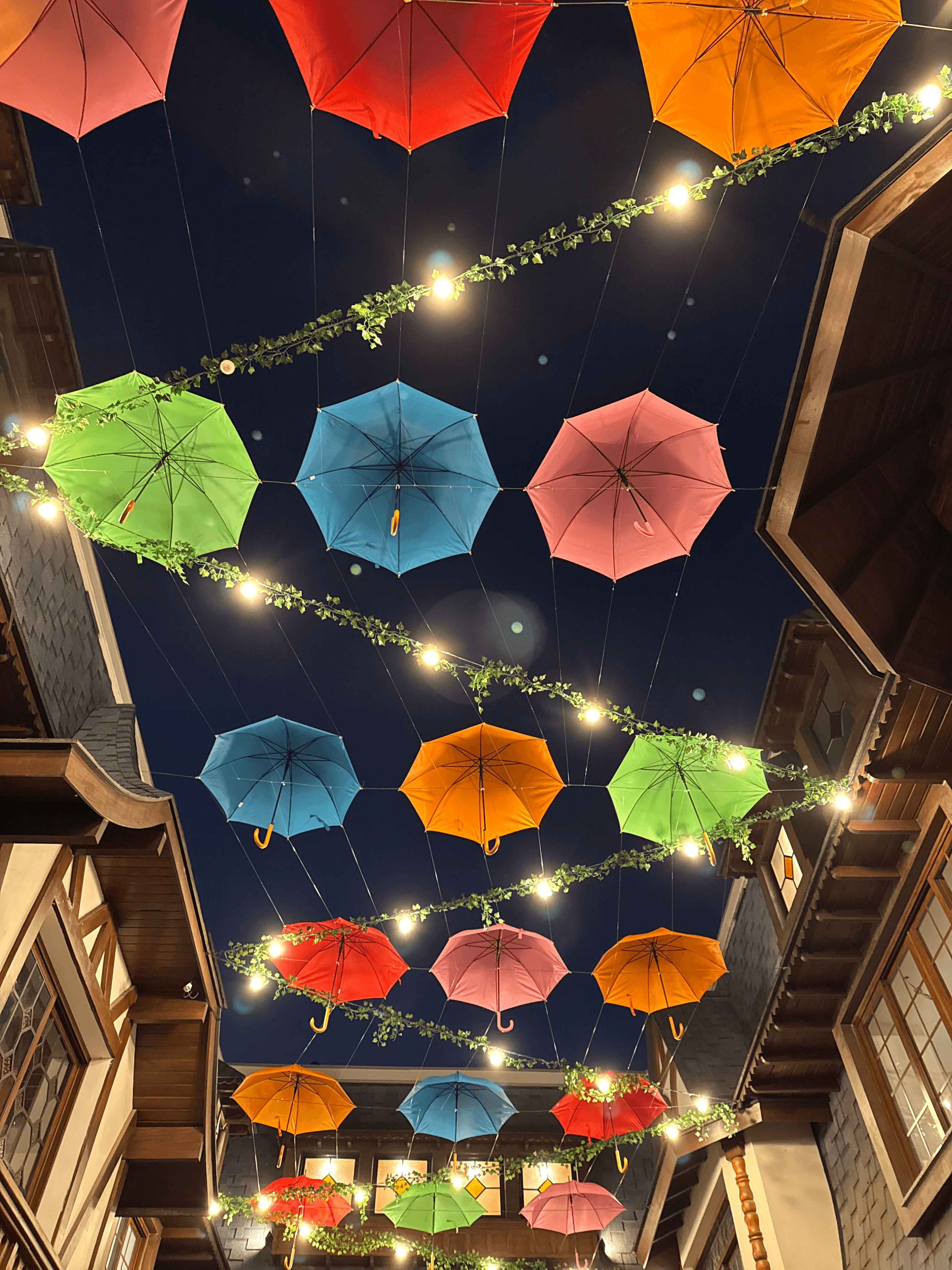 Photo taken from below of a street covered by colorful umbrellas and light bulbs, woven beneath the roofs. It’s night time